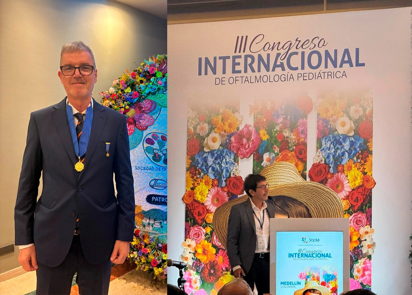 Dr. Fernando Prieto-Díaz recibiendo su distinción y cartel del III Congreso Internacional de Oftalmología Pediátrica en Medellín